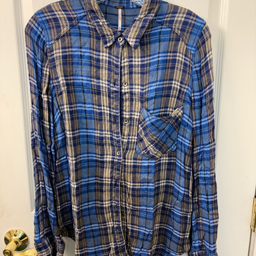 Free People Blue and Tan Plaid Shirt - Picture 2 of 5